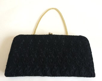 Vintage La Marquise Black Tapestry Evening Clutch Hand Bag with Gold Tone Chain and Clasp
