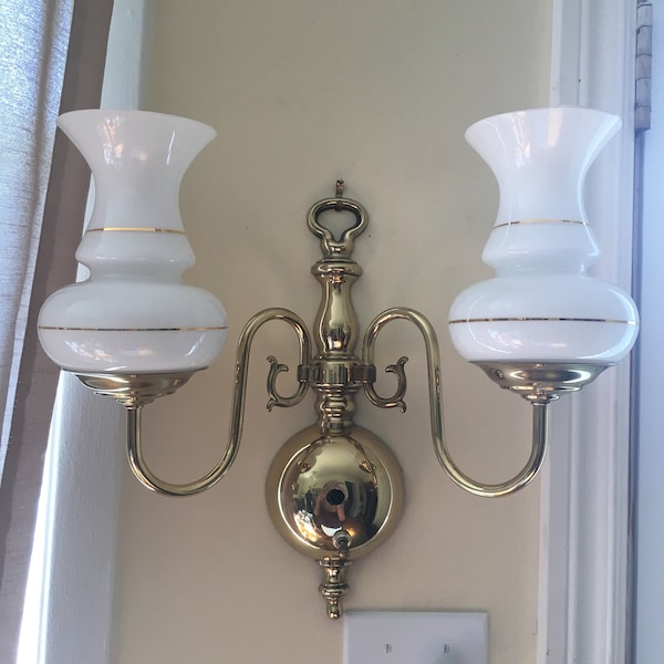 Vintage Brass and Milk Glass Starboard Double-Arm Sconce Light Wall Lamp with Chimney Shades