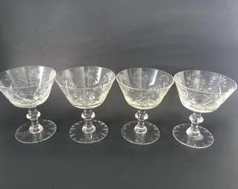 Bohemia Crystal Pinwheel and Fan Pattern Vintage Crystal Cut Foot Low Sherbet/Champagne Glasses - Set of 4