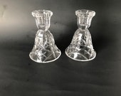 Pair of 5 quot Single Light Bell Shaped Crystal Candlesticks Criss-Cross and Fan Cut