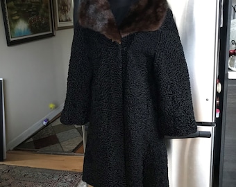 1950s French Luxury Designer Elsa Schiaparelli Southwest African Persian Lamb and Mink Fur Dress Coat Chas A. Stevens & Co.