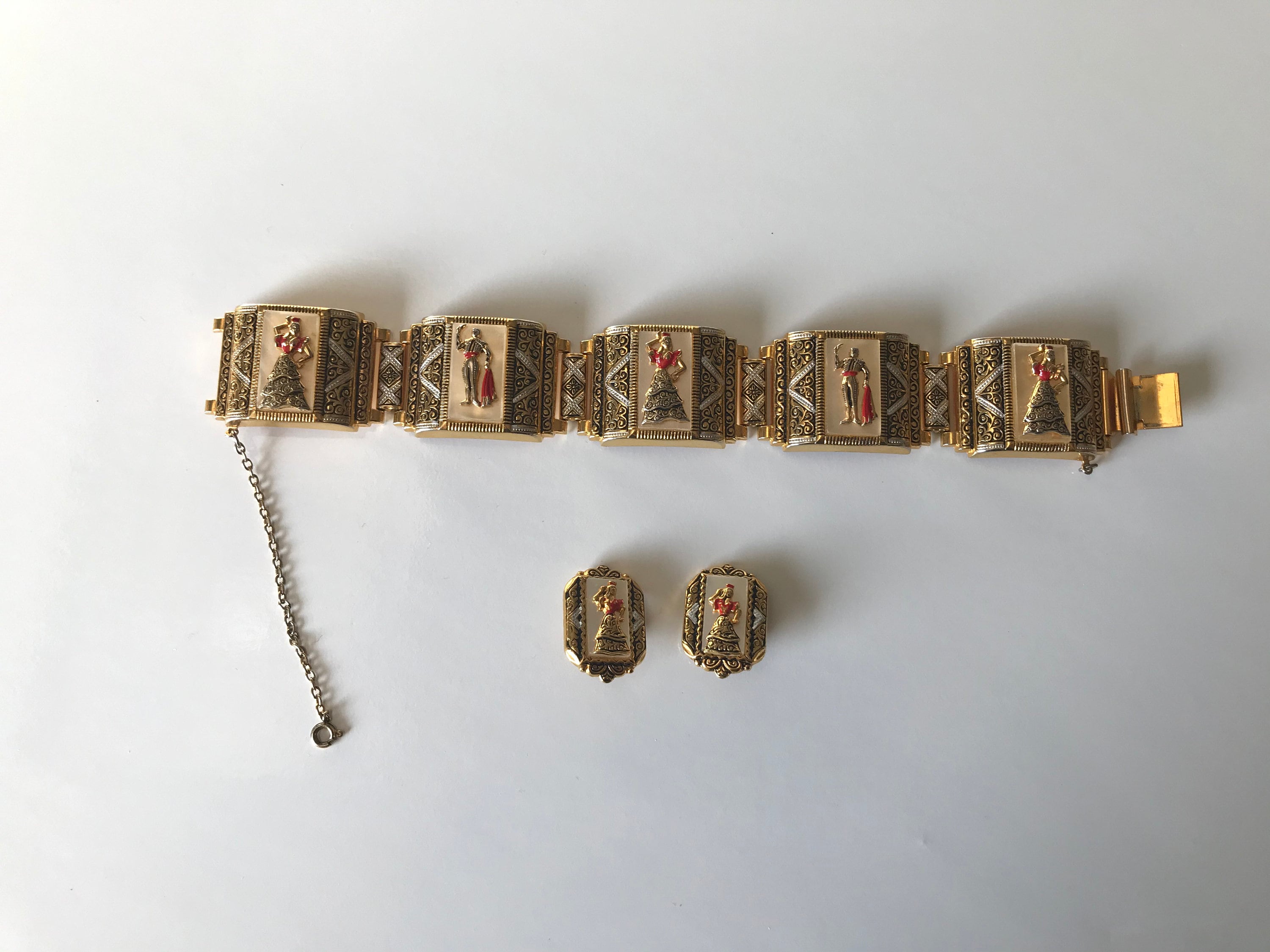 Vintage Spanish Damascene Mother of Pearl Bracelet and Earrings