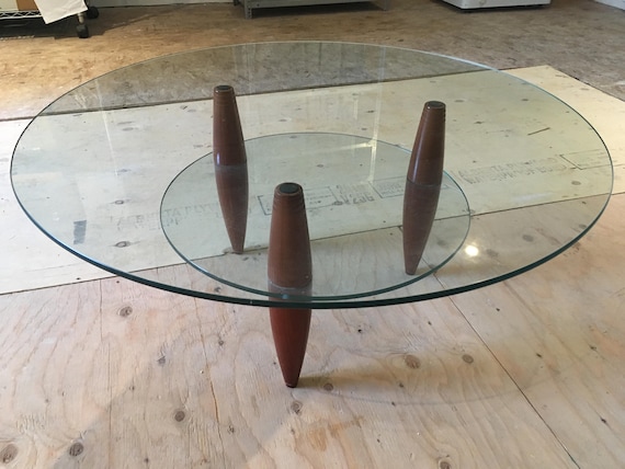 MCM Walnut Base 2 Tier Glass Top Modern Round Low Coffee Table
