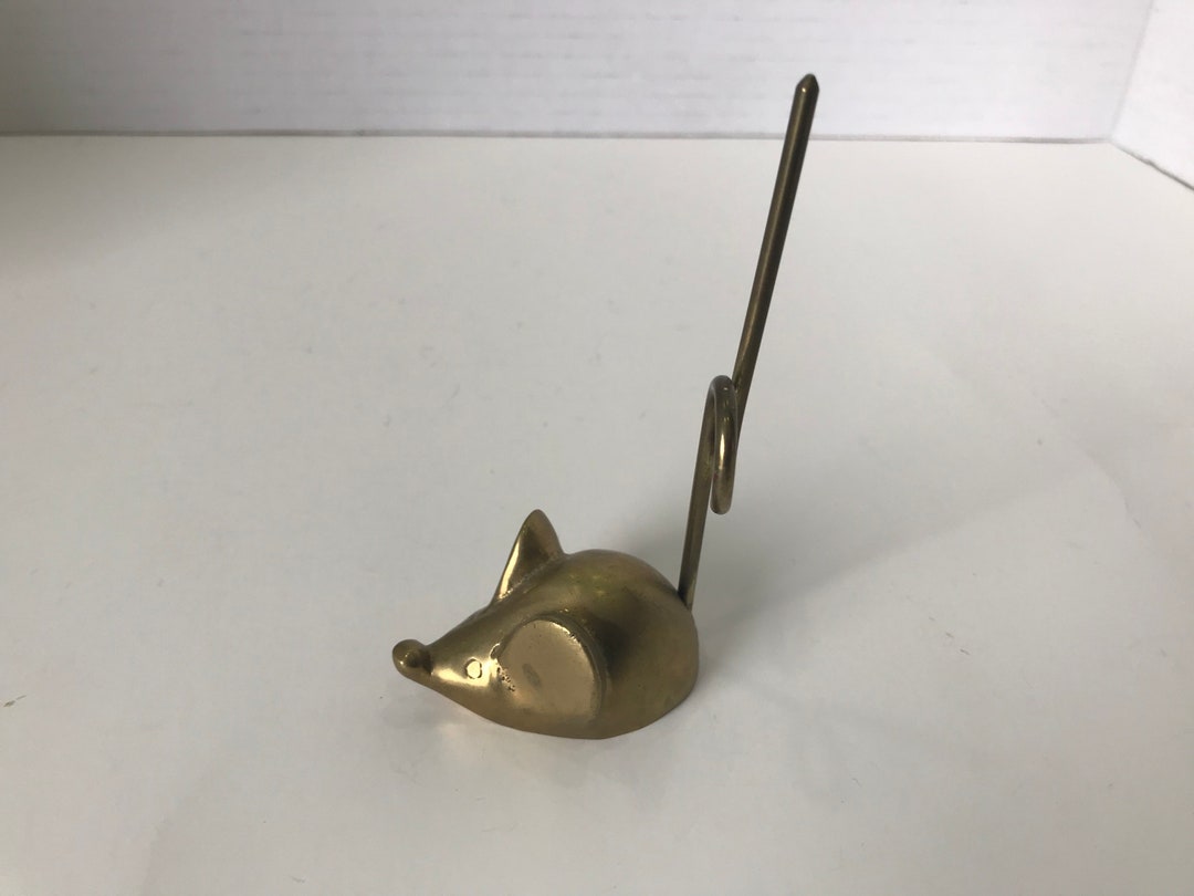 Brass Mouse Paperweight With Spike Tail Brass Mouse Bill Holder, Vintage Office Decor 70s Decor