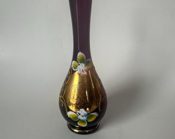 Hand Painted Moser Style Cranberry/Amethyst Bud Vase with Enamel Flower