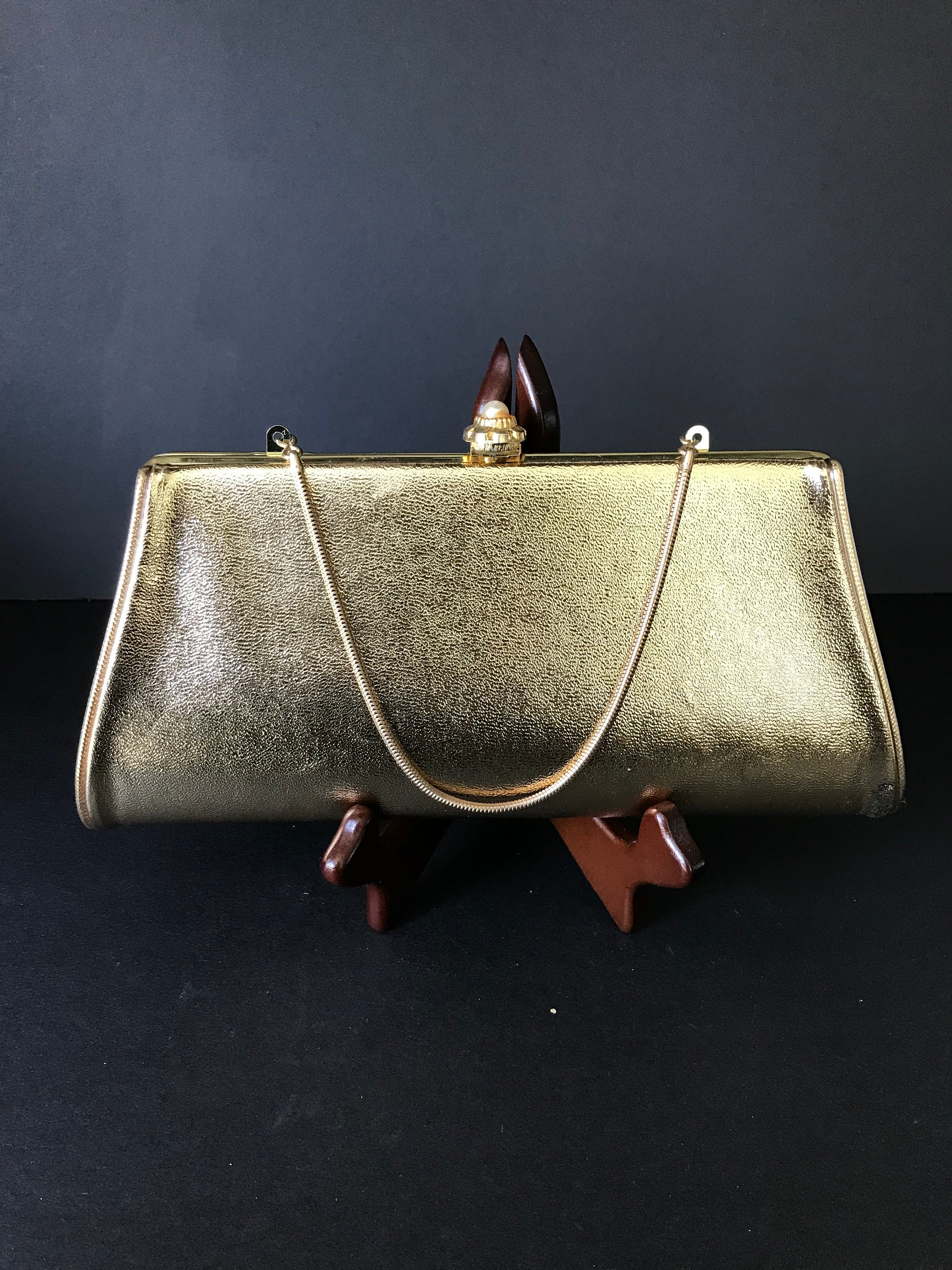 Clutch Vintage Gold Metal Hard Box Evening Purse With 