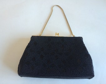 Vintage Black Beaded Purse, Handmade, Hong Kong, Vintage Handbag, Evening Bag, Black Beads, Vintage Evening Bag, 1940's