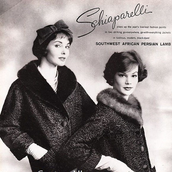 Manteau Fourrure Agneau Bouclé Avec Col Vison - Marque Schiaparelli Via Polsky's - Taille 2-8 - Occasion Très Bon État
