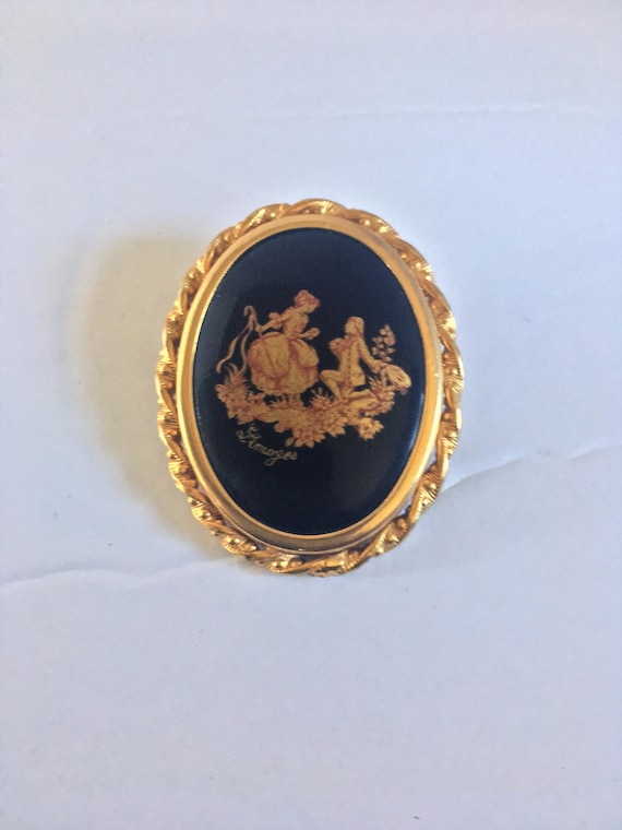 Limoges Castel Porcelain and Enamel Gold Tone Cameo Brooch