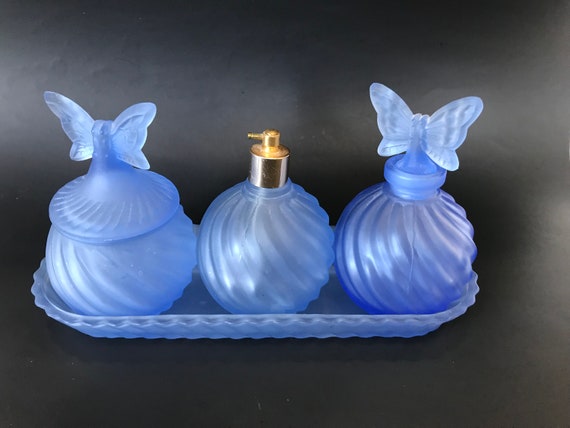 Download Set Of Blue Frosted Glass Perfume And Cosmetic Bottles With Etsy