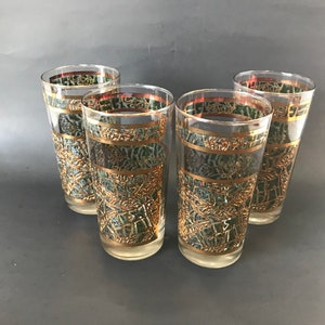 Set of 4 Tumblers in the Style of Culver 1950s Gold and Green Abstract  Design 22k Gold Gilt Highball Glasses