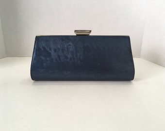 Vintage La Marquise Lusture Blue Faux Leather Evening Clutch Hand Bag with Silver Tone Hardware