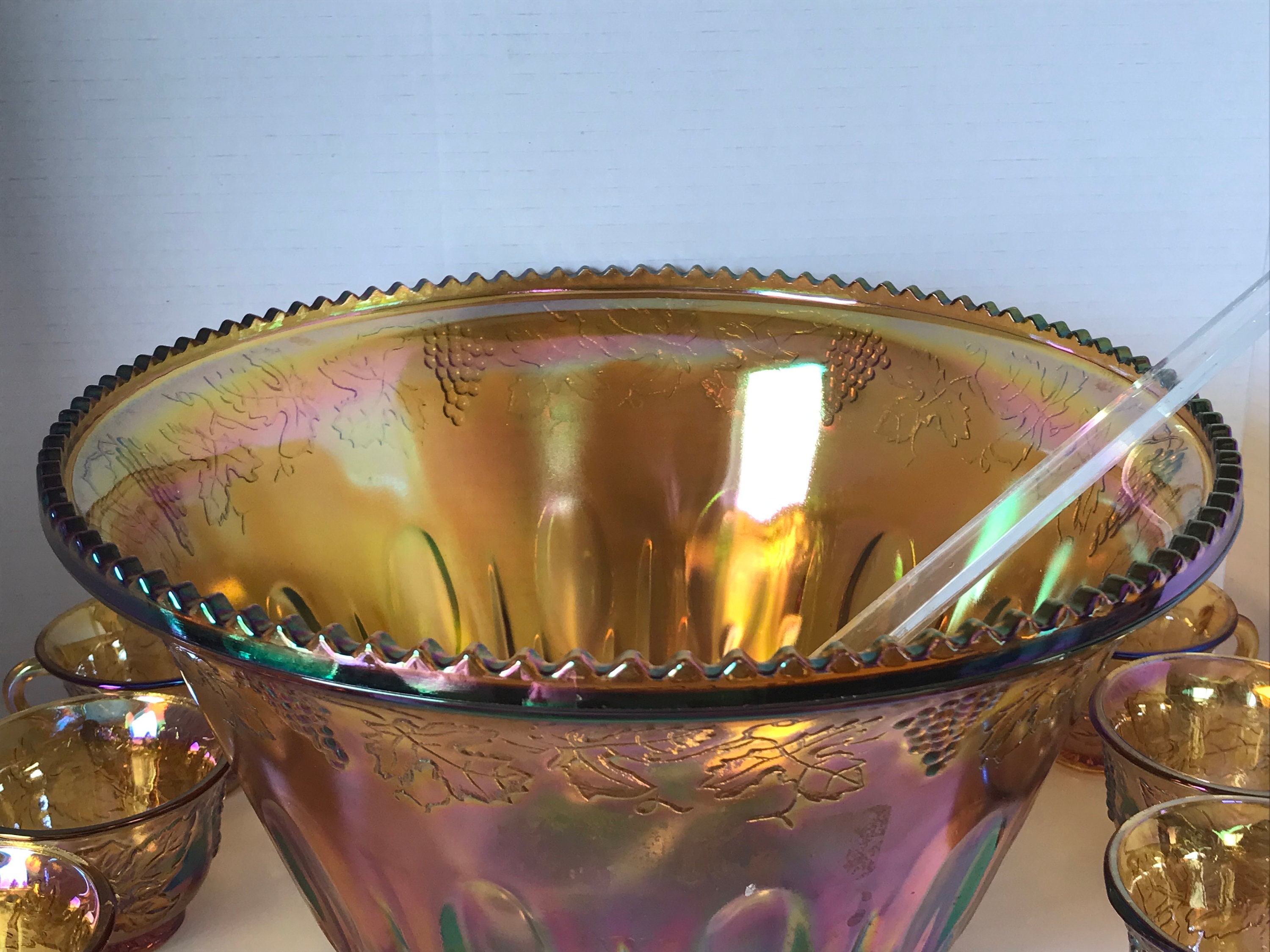 Vintage Carnival Punch Bowl & 12 Cups. Amber carnival glass