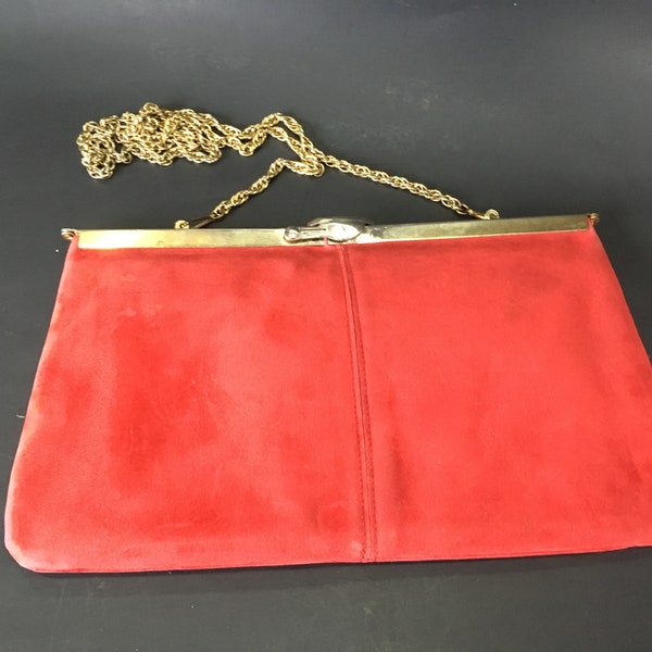 1960's Vintage Red Suede Leather Evening Bag  with Gold Tone Hardware