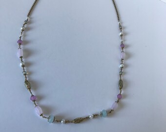 Vintage Gold Tone Faceted Pink, Purple, Blue Bead and Filigree Necklace Avon