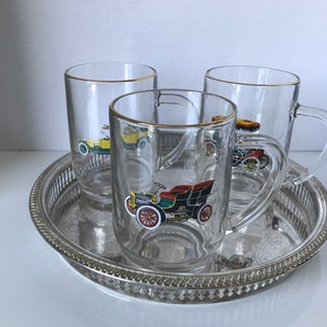 Vintage HAZEL-ATLAS 1950&#39;s Beer Mugs Glasses with Antique Cars Rolls-Royce, Daimler, Ford - Set Of 3