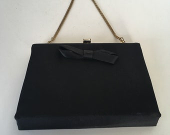 Vintage Black Satin Evening Bag Hand Bag with Gold Tone Hardware 1950s 1960s