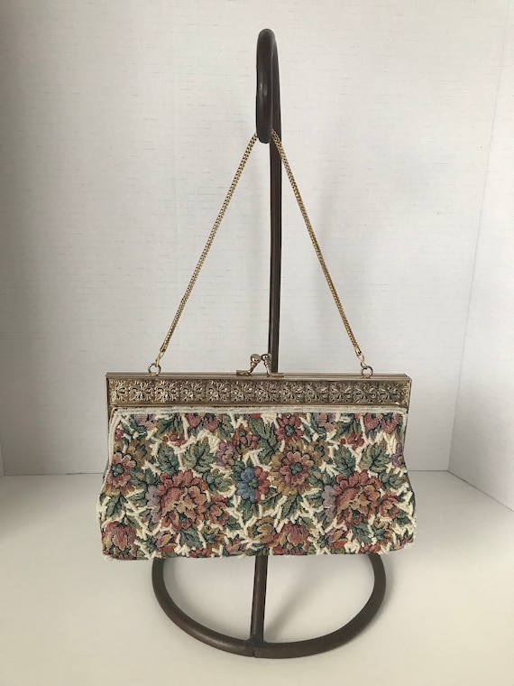 Vintage Beaded Tapestry Hand Bag with Snake Chain