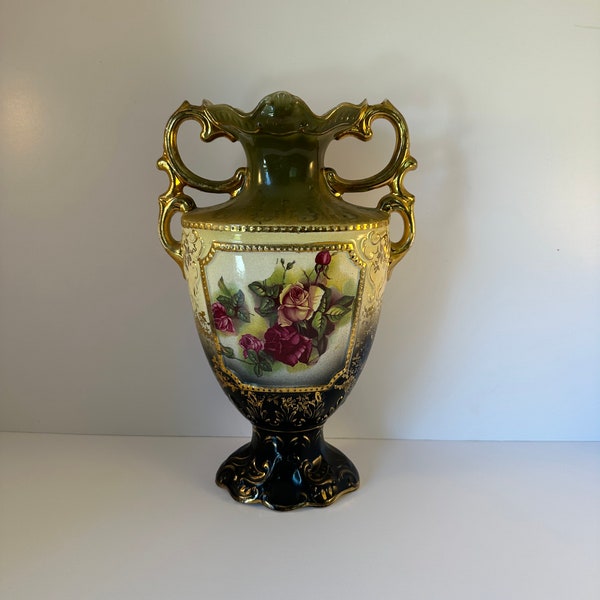 Antique Art Nouveau Victorian English Vase with Floral Design, Ornate Handles Garniture Vase circa early 1900
