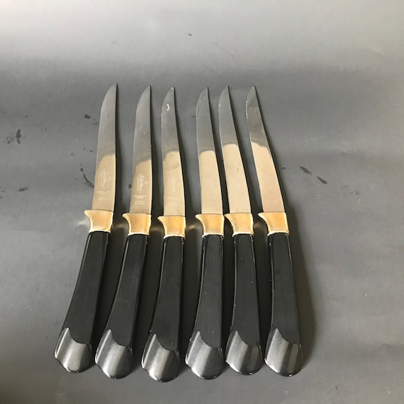 Vintage GLO-HILL of Canada Gold'n & Ebony 1950's Steakmates Knives With Gold  and Black Bakelite Handles Set of 6 