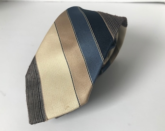 Vintage Yves Saint Laurent 1980s 1990s Blue, Brown and Beige Striped Necktie YSL Neckwear Father's Day Gift