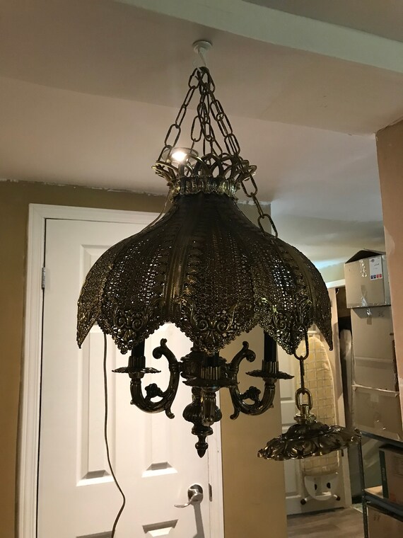 Vintage Brass and Gilt Metal Filigree Chandelier Moroccan Moorish