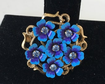 1970s Vintage Signed AVON Blue 'Love Blossoms' Forget-Me-Not Enamel Flower Convertible Brooch/Pendant with Rhinestones