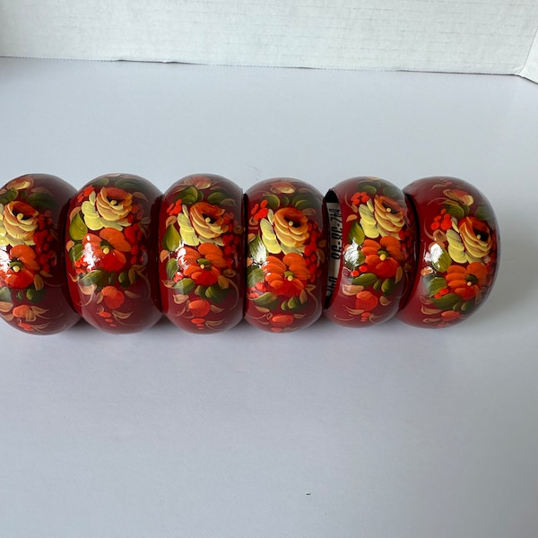Vintage Russian Red Lacquer Ware Napkin Rings Soviet Era Zhostovo Painting Style - Set of 6