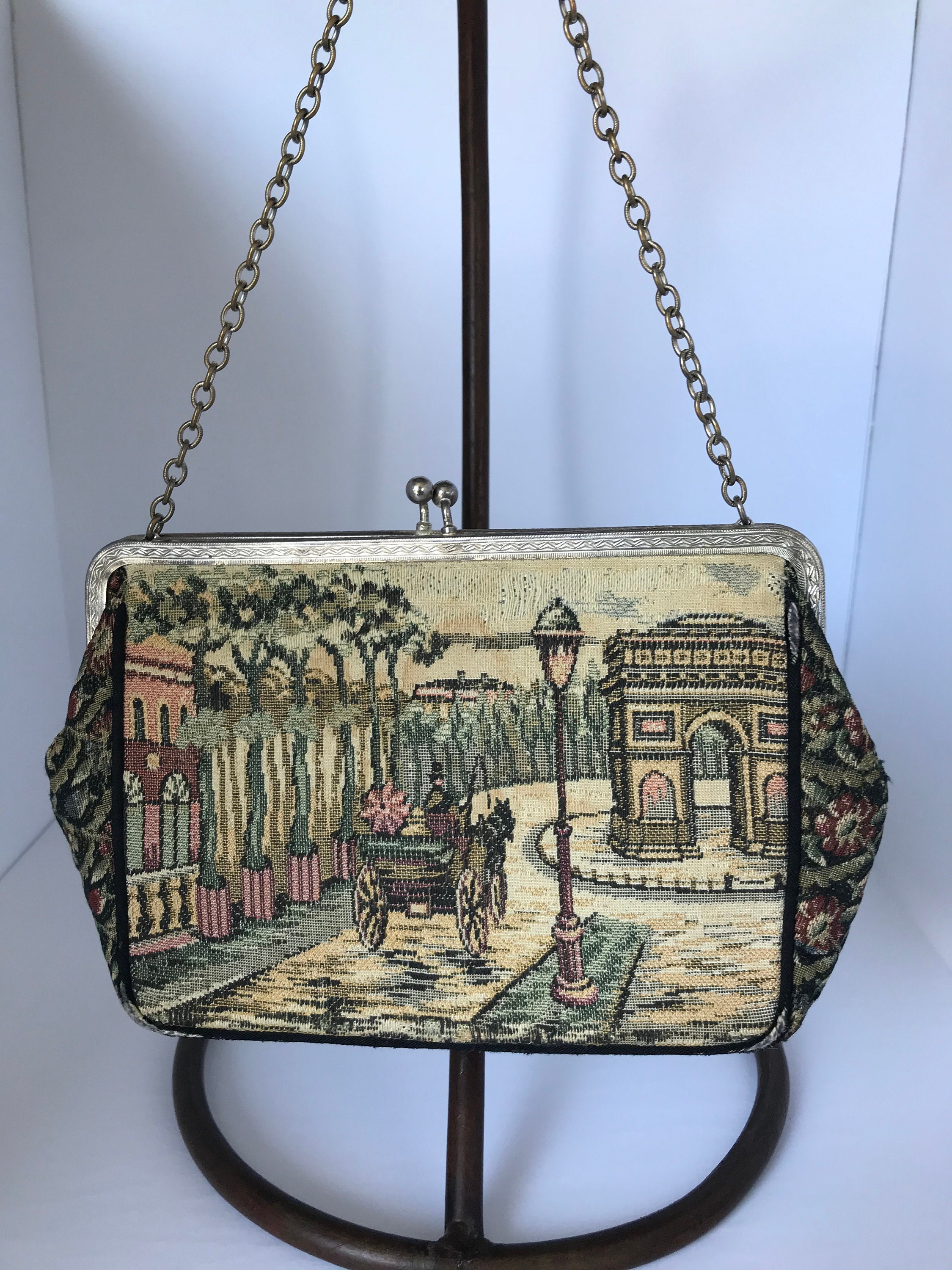 1940's 50s French Tapestry Clutch Handbag Paris Scene