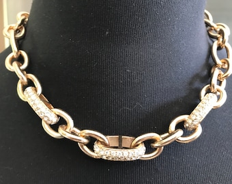 Vintage Gold Gilt Chain Link Necklace Choker with Rhinestones