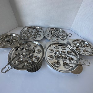 Vintage French Snail Baking/Serving Pans Stainless Steel Escargot Pans French Country kitchen 12 and 6 Hole Snail/Escargot Dishes and Tongs
