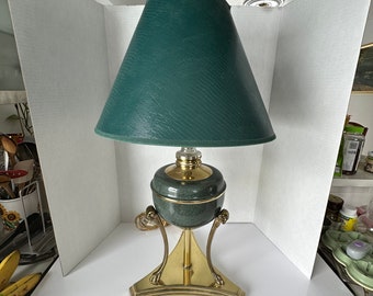 Empire Style Table Lamp Brass Rams Heads & Hooves with Green Tole Shade