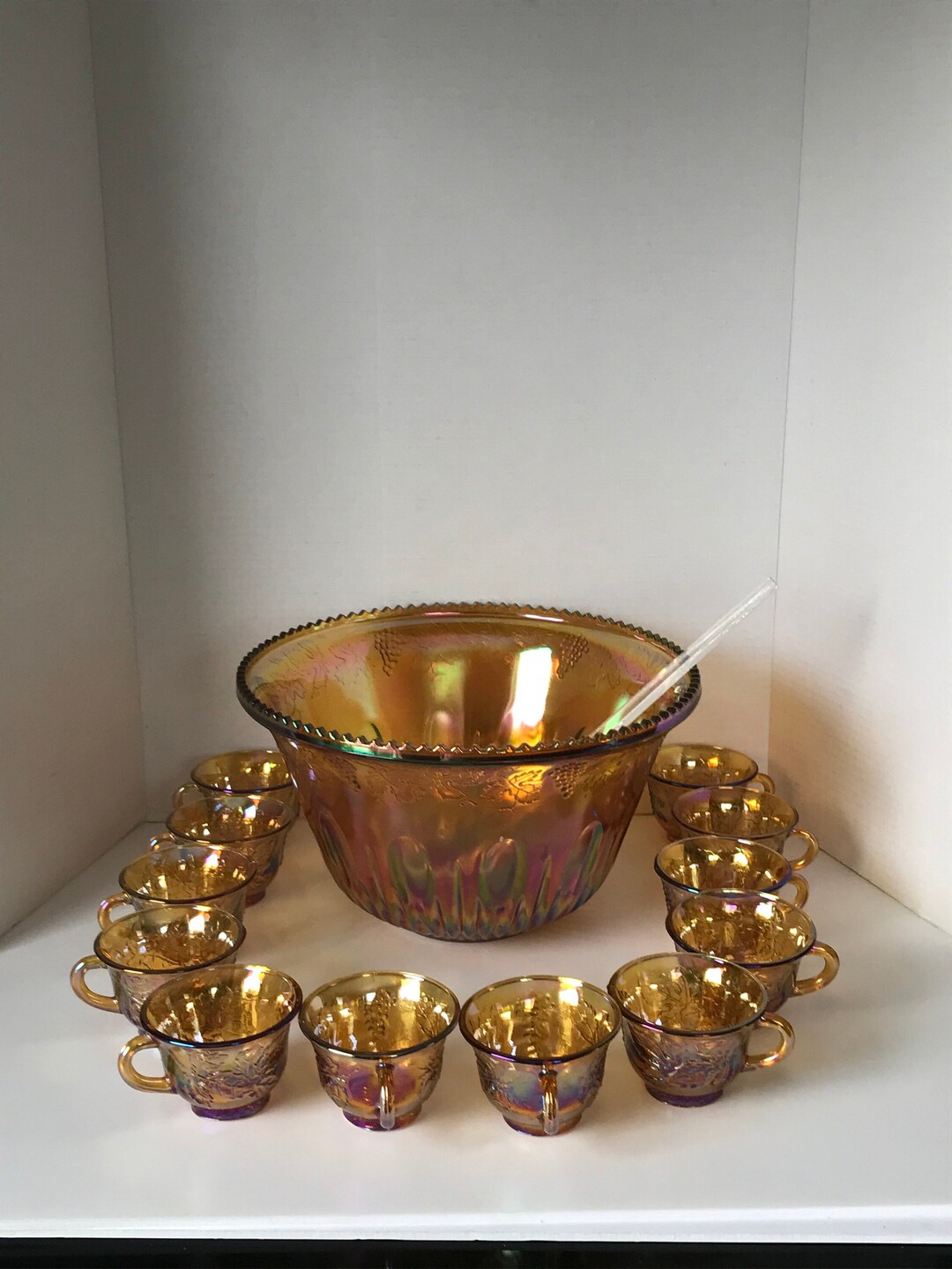Princess Amber Carnival Glass Punch Bowl Set by Indiana Glass