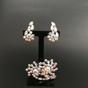 May include: A set of iridescent rhinestone earrings and a brooch. The earrings are teardrop shaped and the brooch is a cluster of rhinestones.