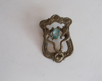 Antique 1900/1910 large Chinese Brass Dragon Pin Brooch Blue Glass Aquamarine Stone