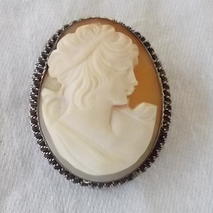 Vintage Cameo Brooch Pendant 800 Sterling Silver Hand Carved Shell Pin