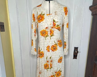 vintage 70s sunflower power long sleeve lace dress