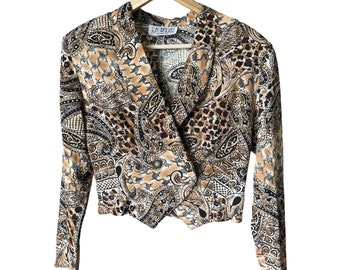 90s cropped fitted blazer animal leopard paisley print unique buttons