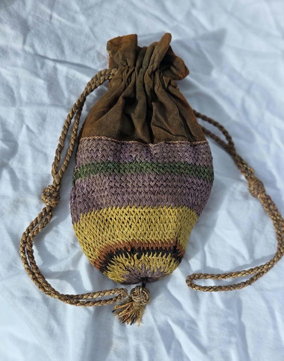 antique unique Handwoven Drawstring Pouch Bag | S… - image 1
