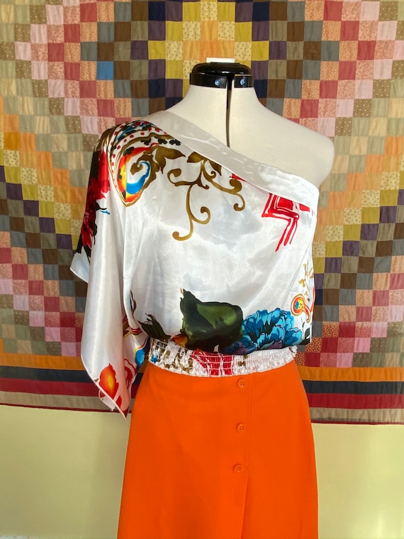 1980s off the shoulder blouse , smocked waistband