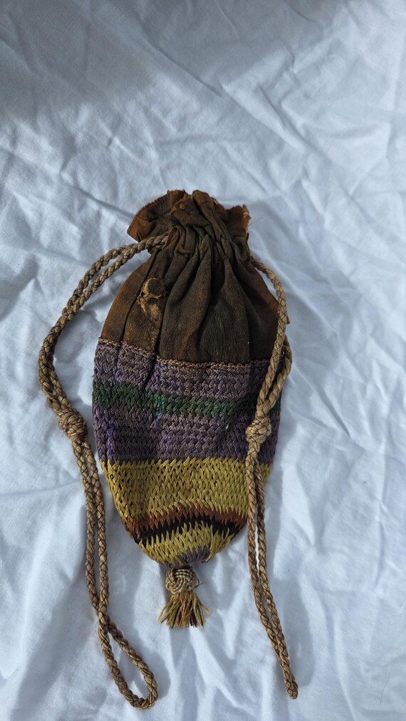 antique unique Handwoven Drawstring Pouch Bag | S… - image 3