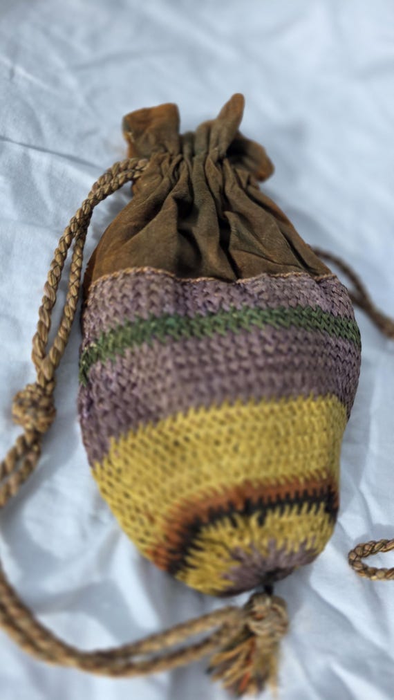 antique unique Handwoven Drawstring Pouch Bag | S… - image 2