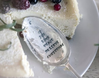 Christmas Tree. Christmas Gift. Joy Love Peace Believe Christmas. Hand Stamped Engraved Spoon. Vintage Serving Spoon. Gift Under 15.