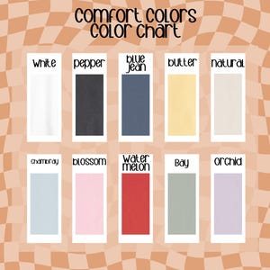 Pu&ograve; includere: Una tabella colori intitolata "Comfort Colors" con dieci campioni di colore: bianco, pepe, blu jeans, burro, naturale, chambray, fioritura, anguria, baia e orchidea. Lo sfondo ha un motivo a scacchi retr&ograve;.