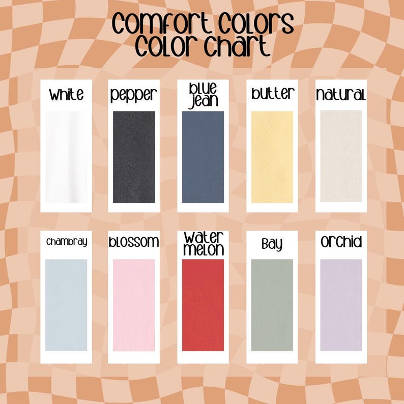 Pu&ograve; includere: Una tabella colori intitolata "Comfort Colors" con dieci campioni di colore: bianco, pepe, blu jeans, burro, naturale, chambray, fioritura, anguria, baia e orchidea. Lo sfondo ha un motivo a scacchi retr&ograve;.
