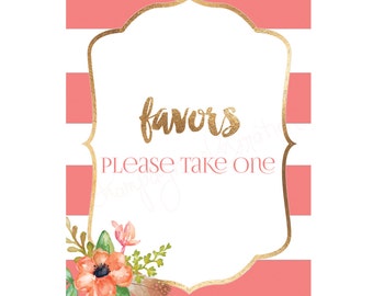 Party Favors Printable Floral Feather Gold Foil Pink Stripe Instant Download for Baby Shower Birthday Bridal Shower Party