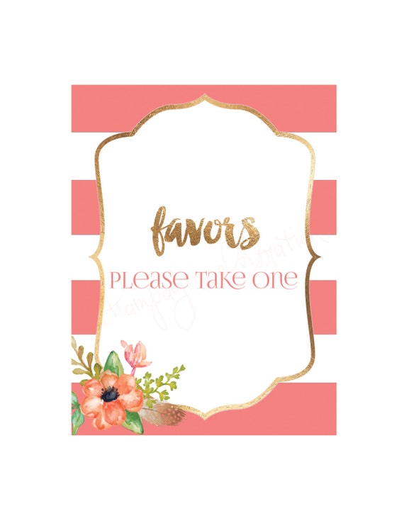 Party Favors Printable Floral Feather Gold Foil Pink Stripe Instant Download for Baby Shower Birthday Bridal Shower Party Il_570xn