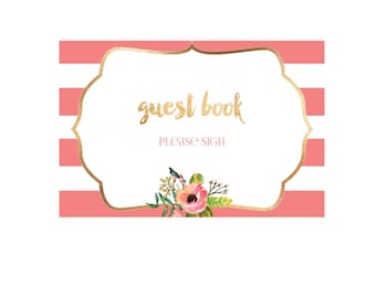 Guest Book Printable Gold Foil Floral Pink Stripe Instant Download for Baby Shower Birthday Bridal Shower Wedding Party