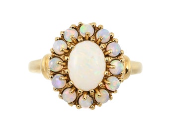 Vintage 10K Opal Cluster Halo Ring October Birthstone Ring Opal Halo Ring