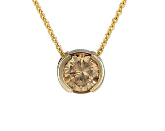 14K Champagne Brilliant Round Diamond Necklace | Tension Set Diamond Solitaire